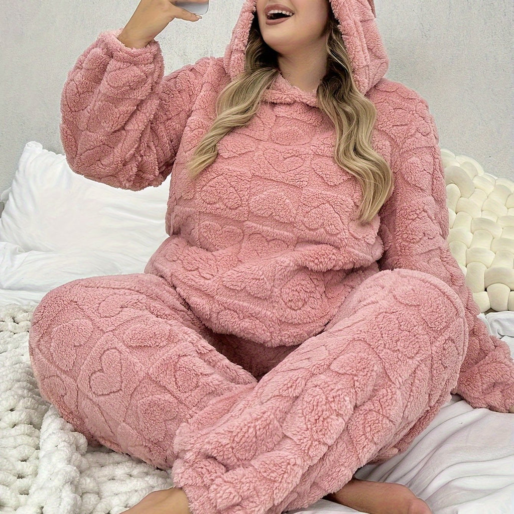 Cozy Pink Heart Plush Hooded Pajama Set with 3D Ears - Long Sleeve & Pants