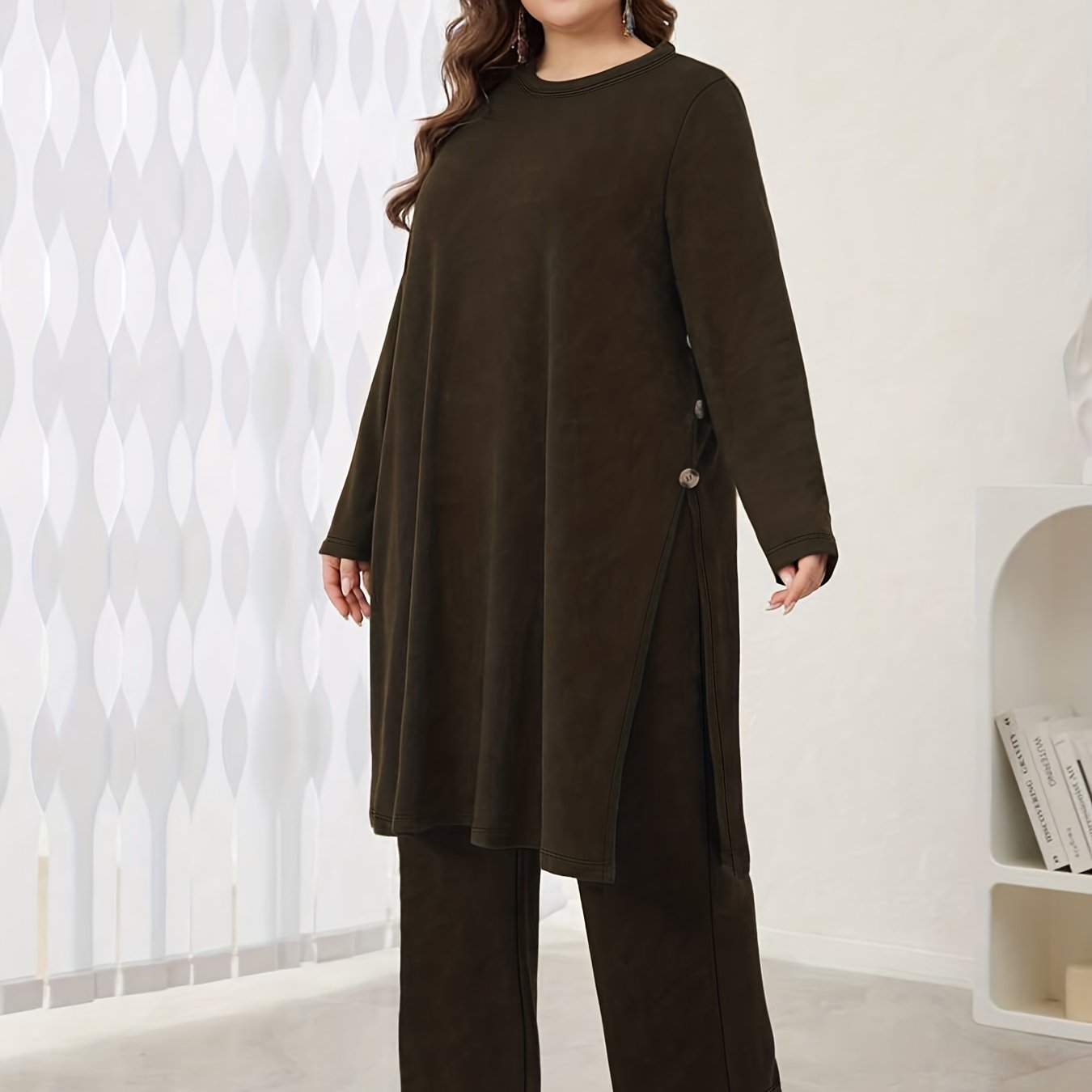 Plus Size, 2pcs Elegant Maxi Matching Outfit - Oversized Wide-Leg Pants & Slit Maxi Dress