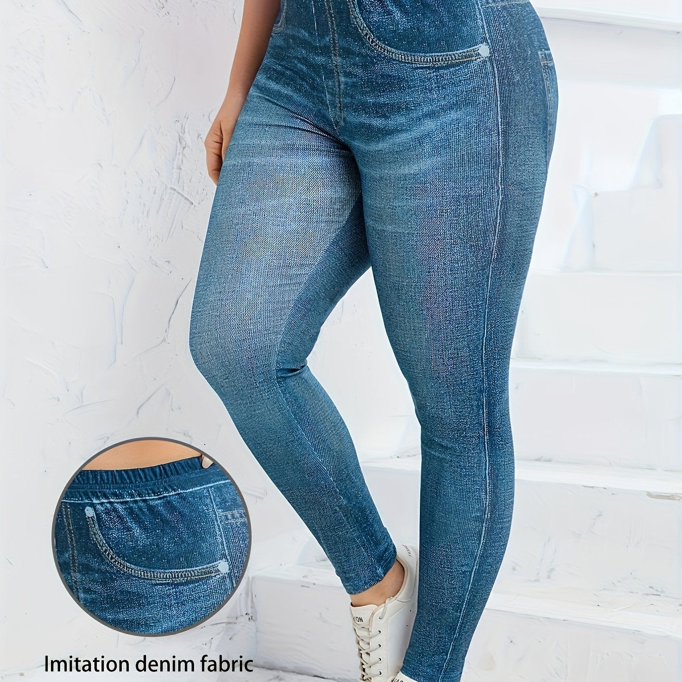 Plus Size Faux Denim Leggings - Ultra-Comfy High Waist Stretchy Design