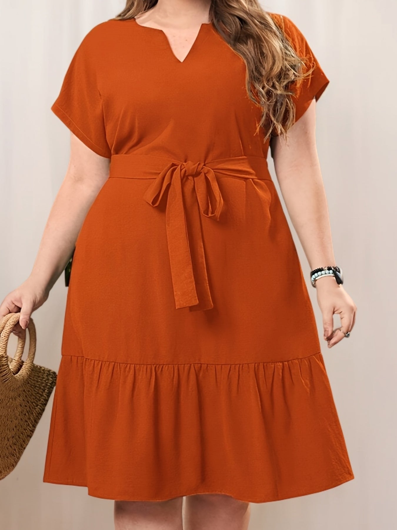 Plus Size Women's Notch Neck Ruffle Hem Dress