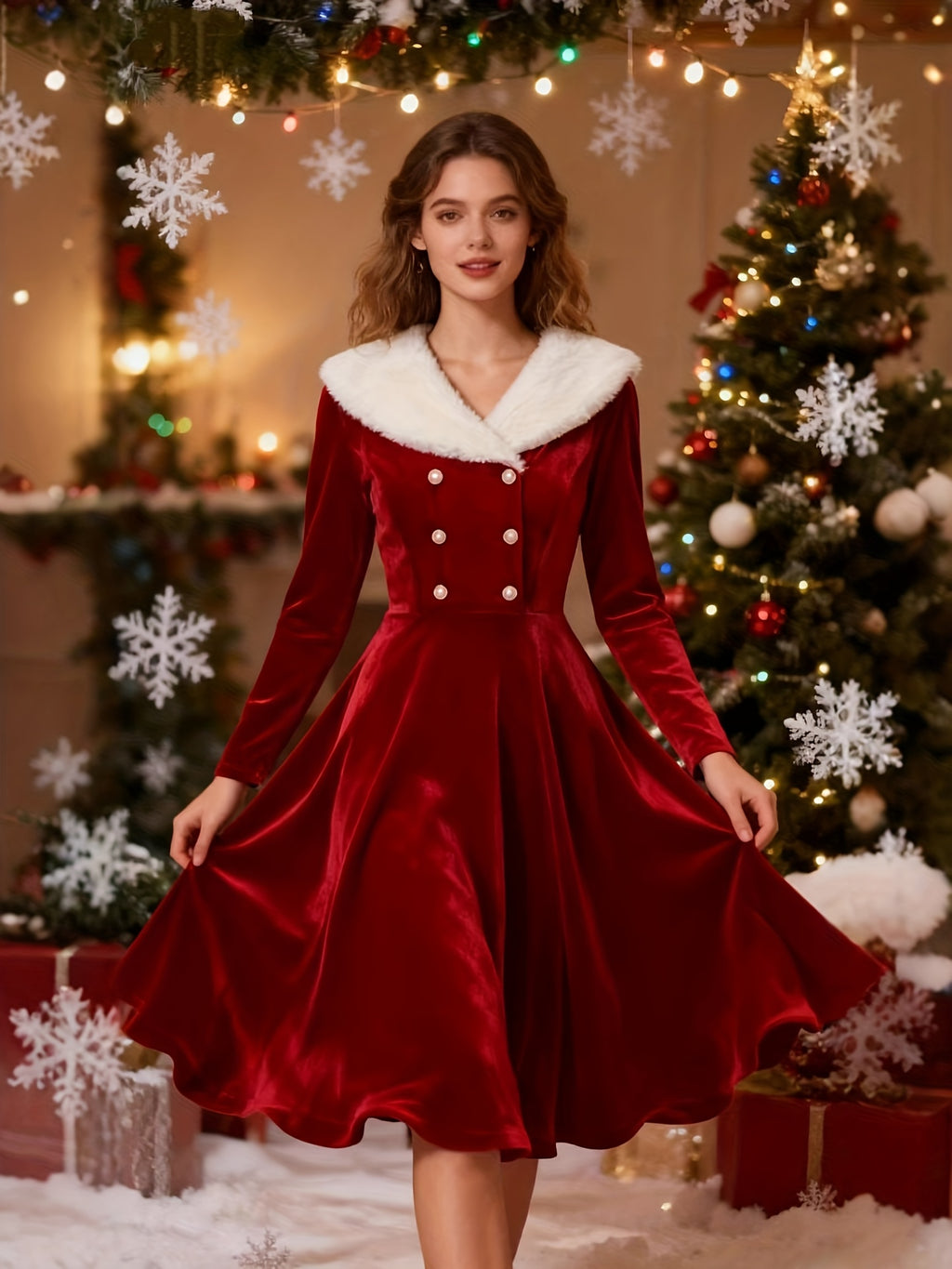 Women's Vintage Elegant Plush Jacket & Dress with Collar Christmas Party New Year