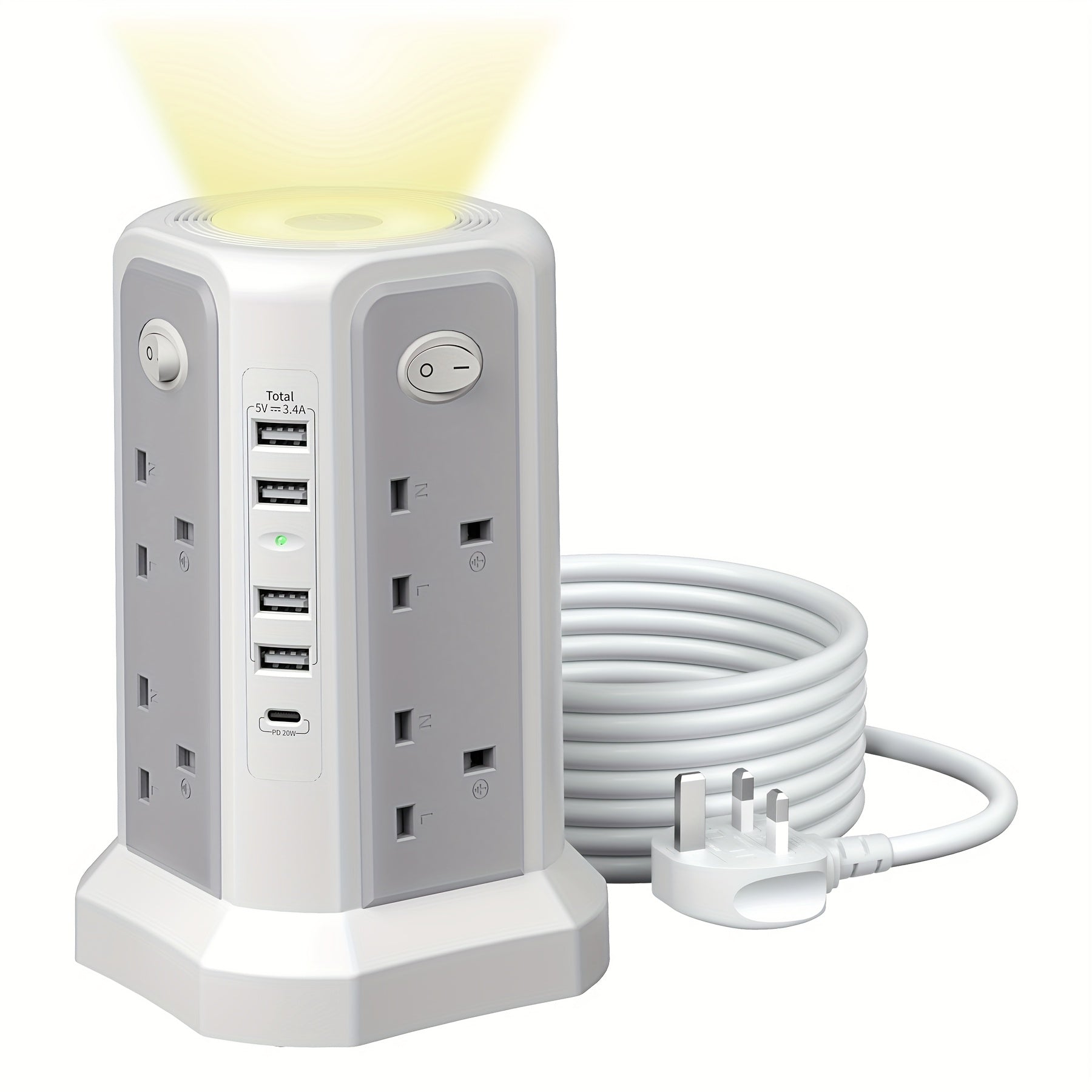 2-Story Tower Power Supply with 8 AC Sockets, 4 USB Ports, 1 USB-C PD20W Fast Charging