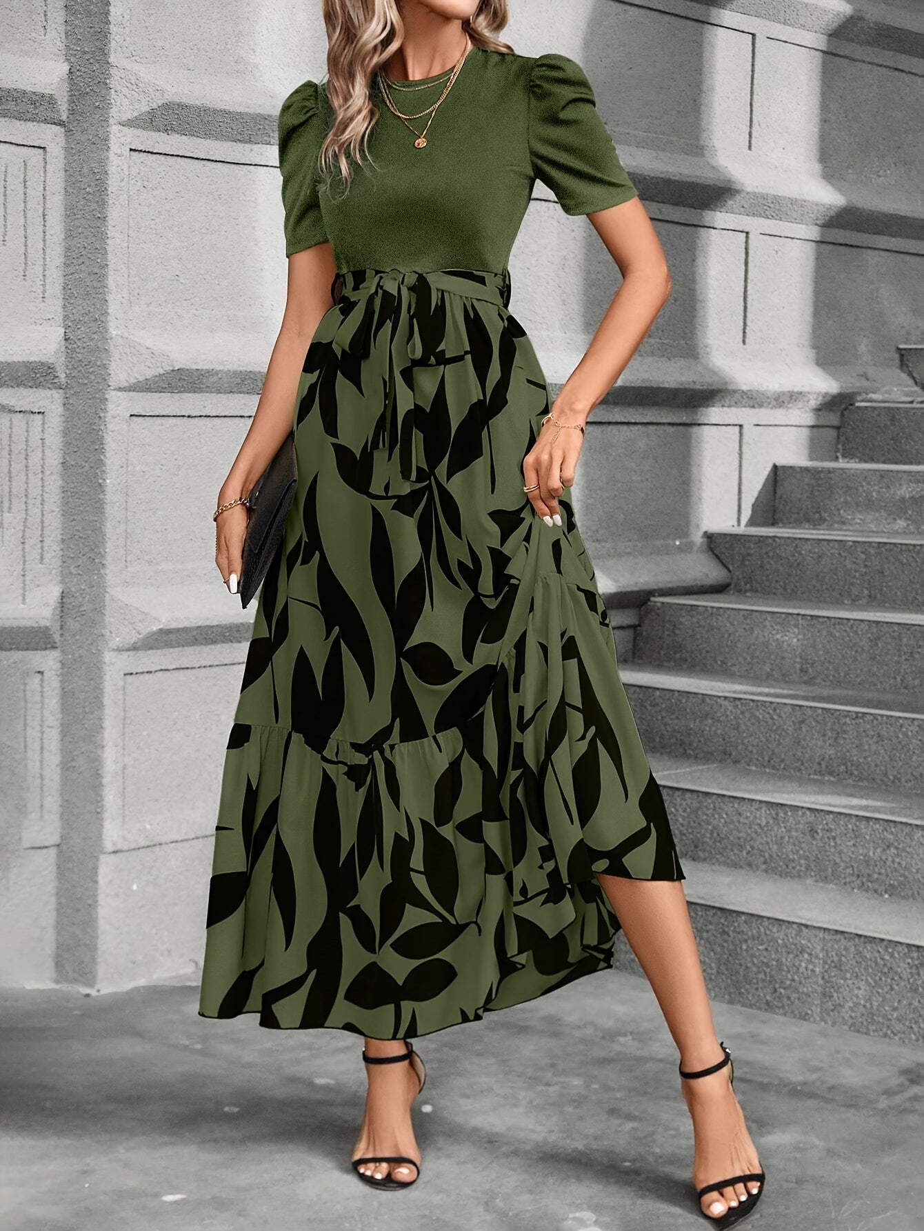 Print Midi Dress with Belt Short Sleeve