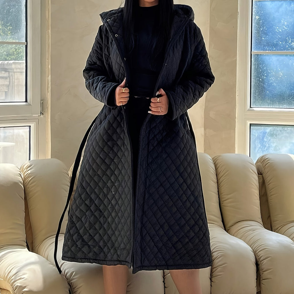 Elegant Fashion Quilted Over-the-Knee Dress with a Loose Hooded Design, Featuring a Belt for Women.