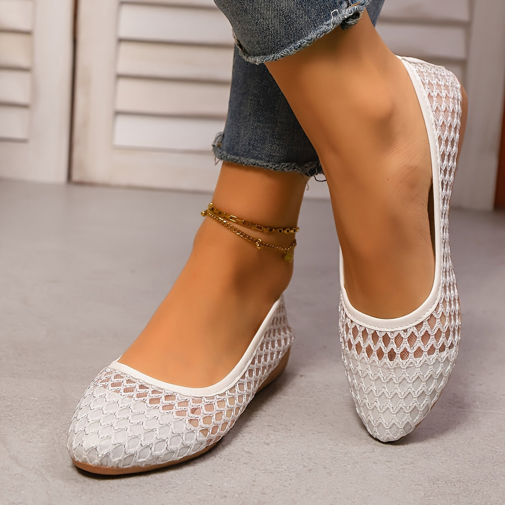 [Elegant Ballet Shoes] Elegant Women's Ballet Shoes | Floral Pattern Slip-On Pointed Toe Sole, Breathable Comfortable Flat Shoes, Low-cut Black and White
