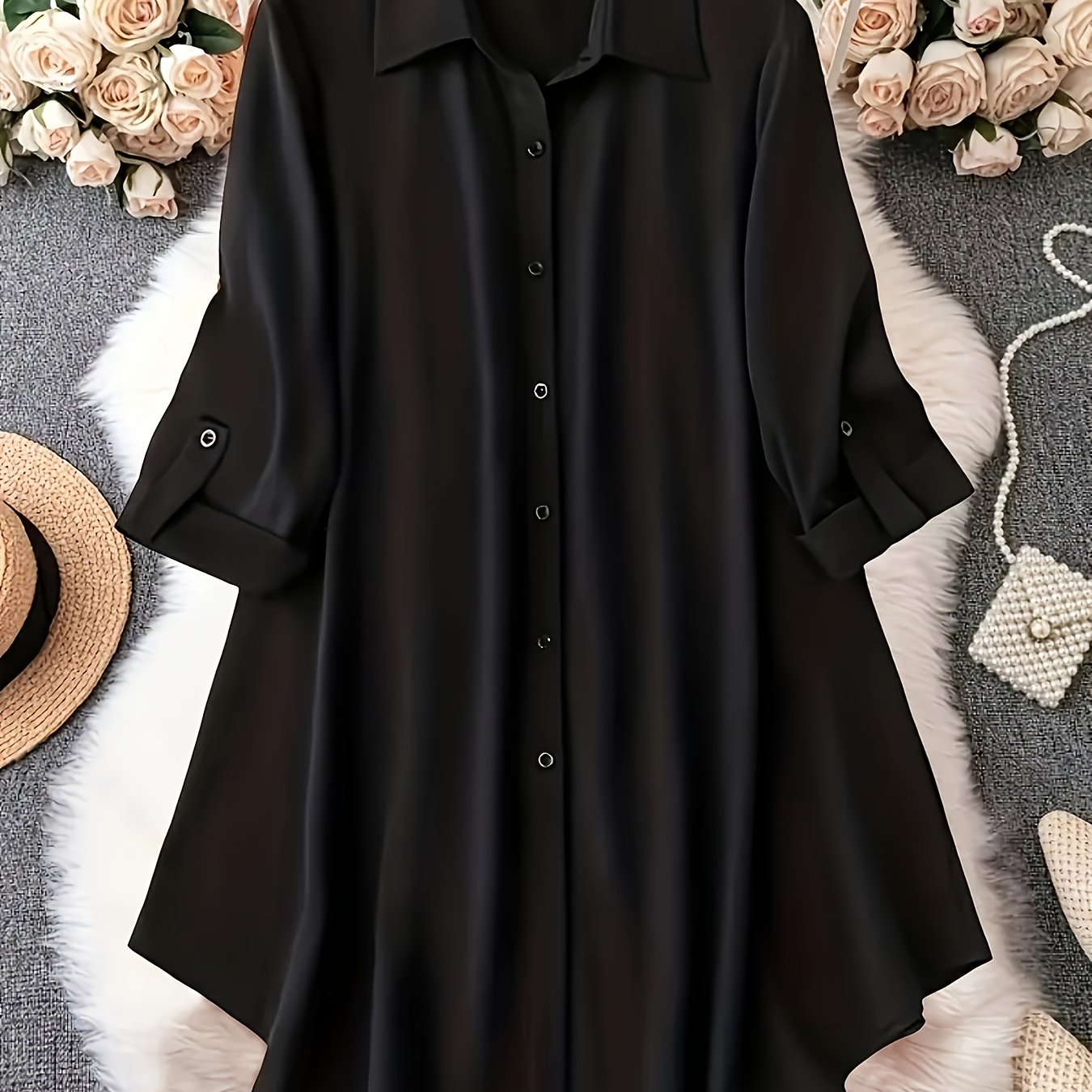 Plus Size Women's Elegant Long Black Shirt