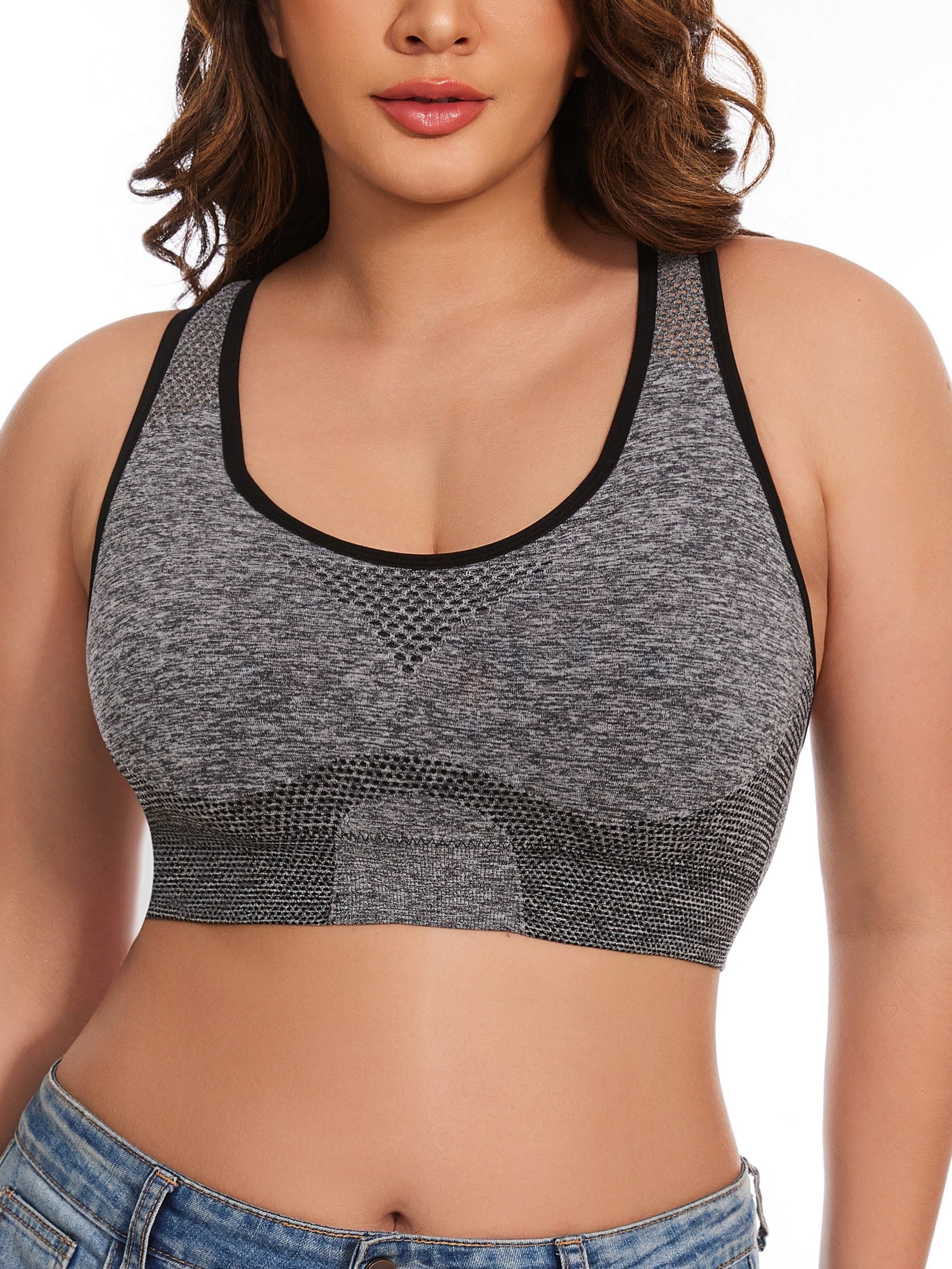 3pcs Plus Size Sports Bras, Polyamide Blend, Hollow Mesh Design, Low Support, Removable Padding, Crew Neck, Medium Stretch, Knit Fabric,