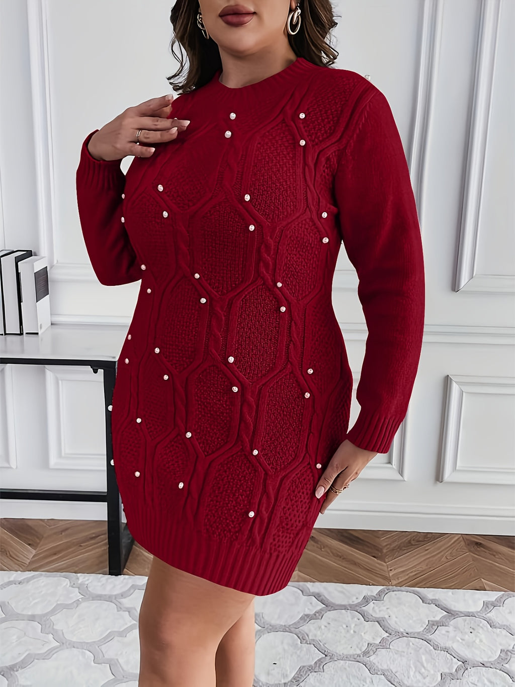 Women's Plus Size Burgundy Pearl-Adorned Oversized Sweater Dress Christmas Party New Year