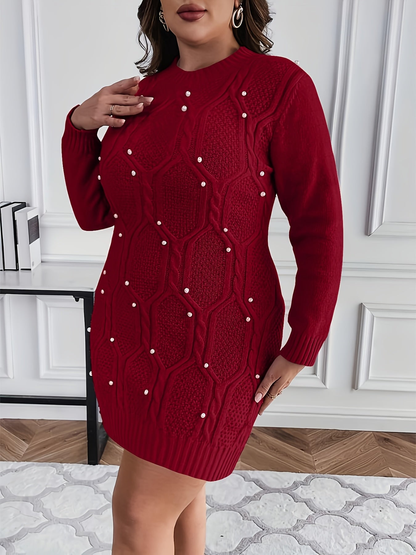 Women's Plus Size Burgundy Pearl-Adorned Oversized Sweater Dress Christmas Party New Year