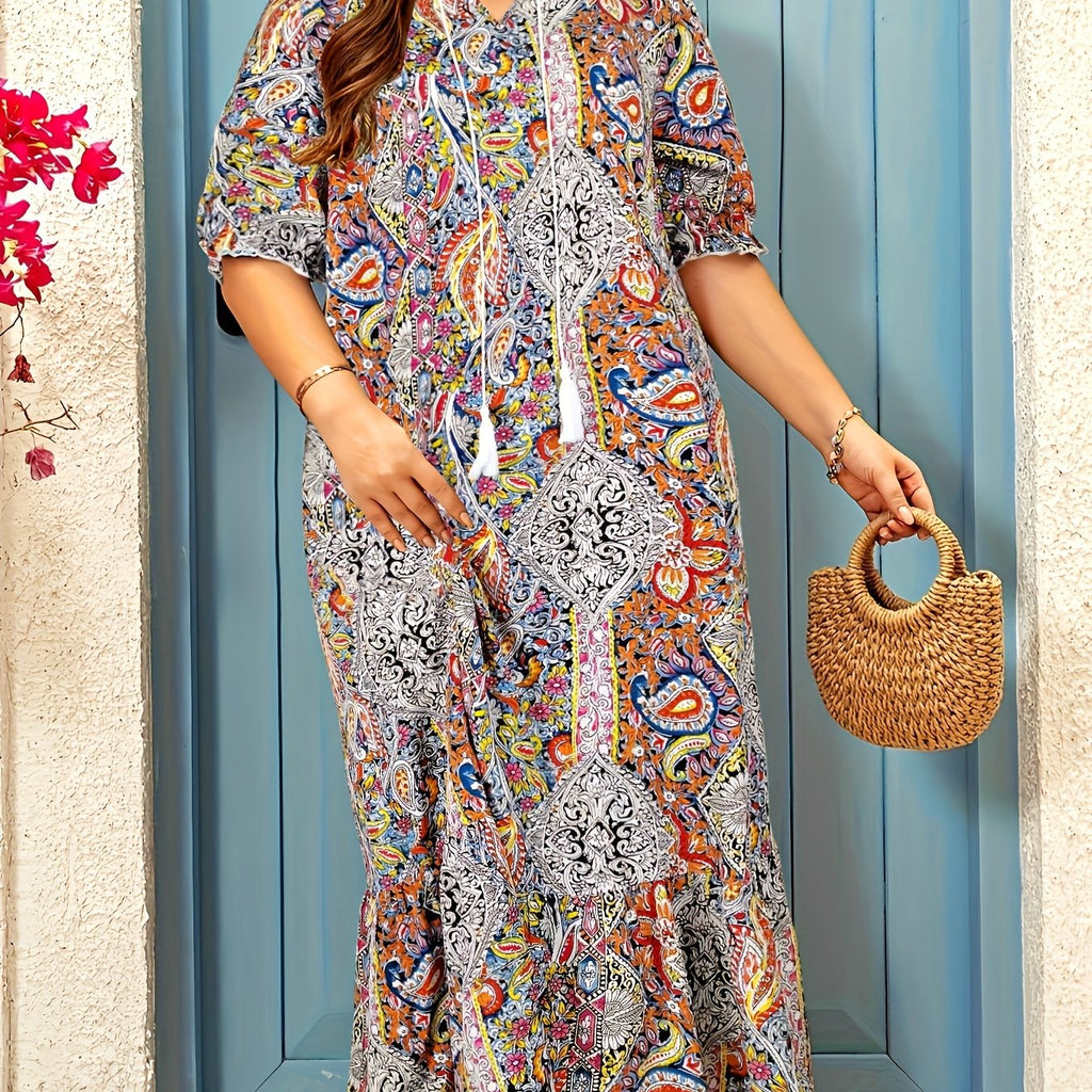 Plus Size, Full-body print dress with ruffled cuffs and hem