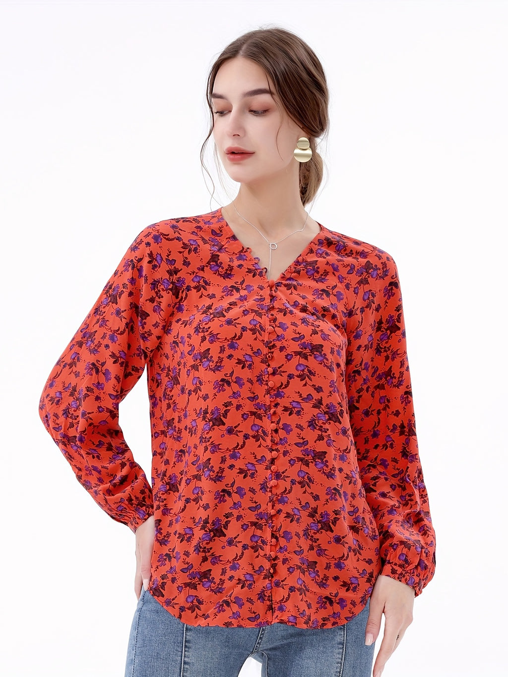 Floral Print V Neck Blouse, Casual Long Sleeve Blouse For Women