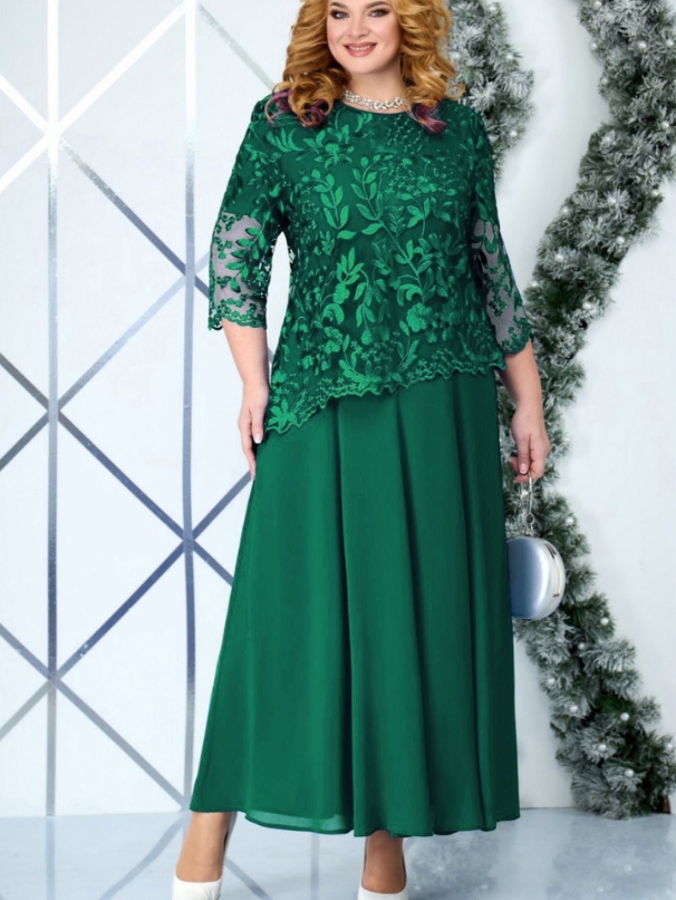 Plus Size Elegant Embroidered Lace Midi Dress for Women - Sleeveless, Chiffon Fabric, Crew Neck, Ball Gown Skirt, Summer Wedding Party