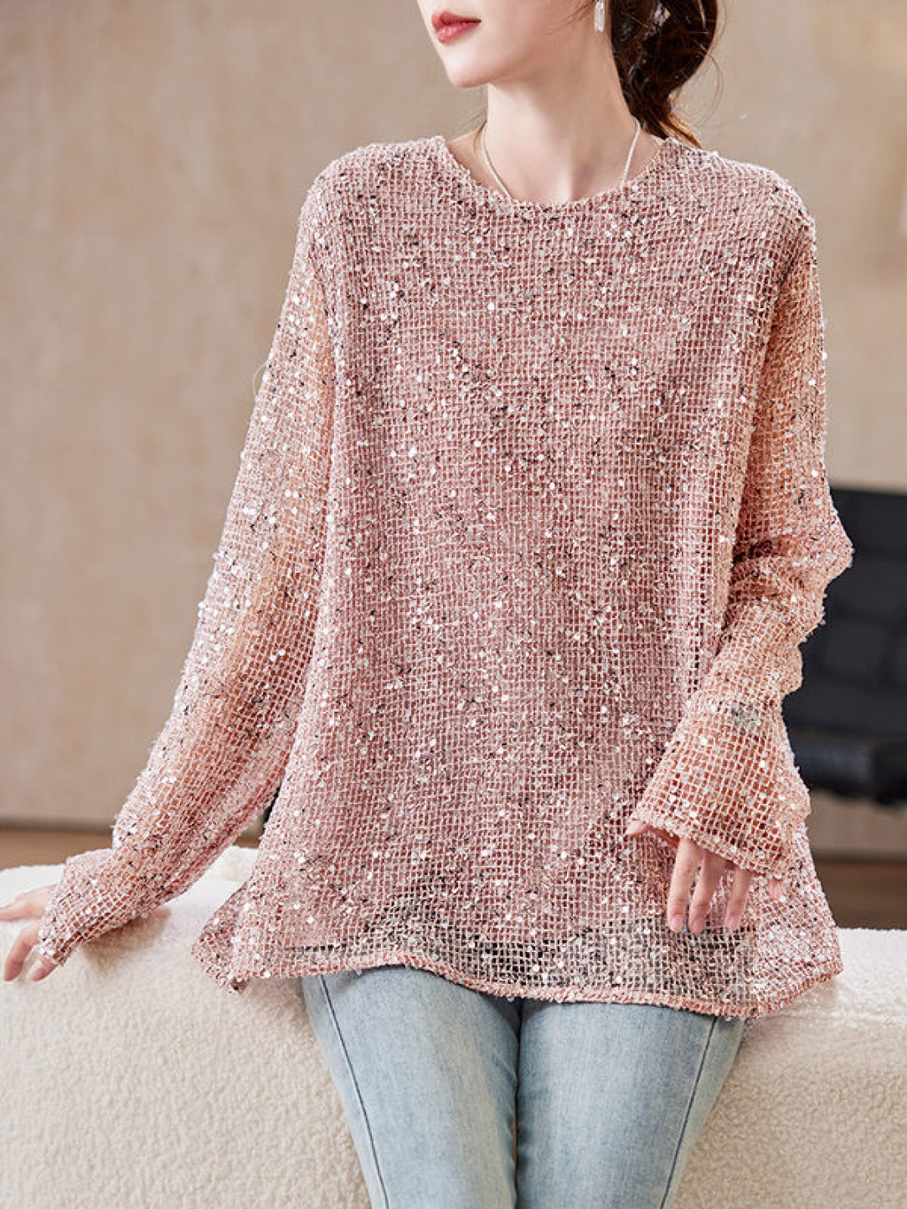 Women's Elegant Sequin Chiffon Blouse - Reversible Round Neck Top
