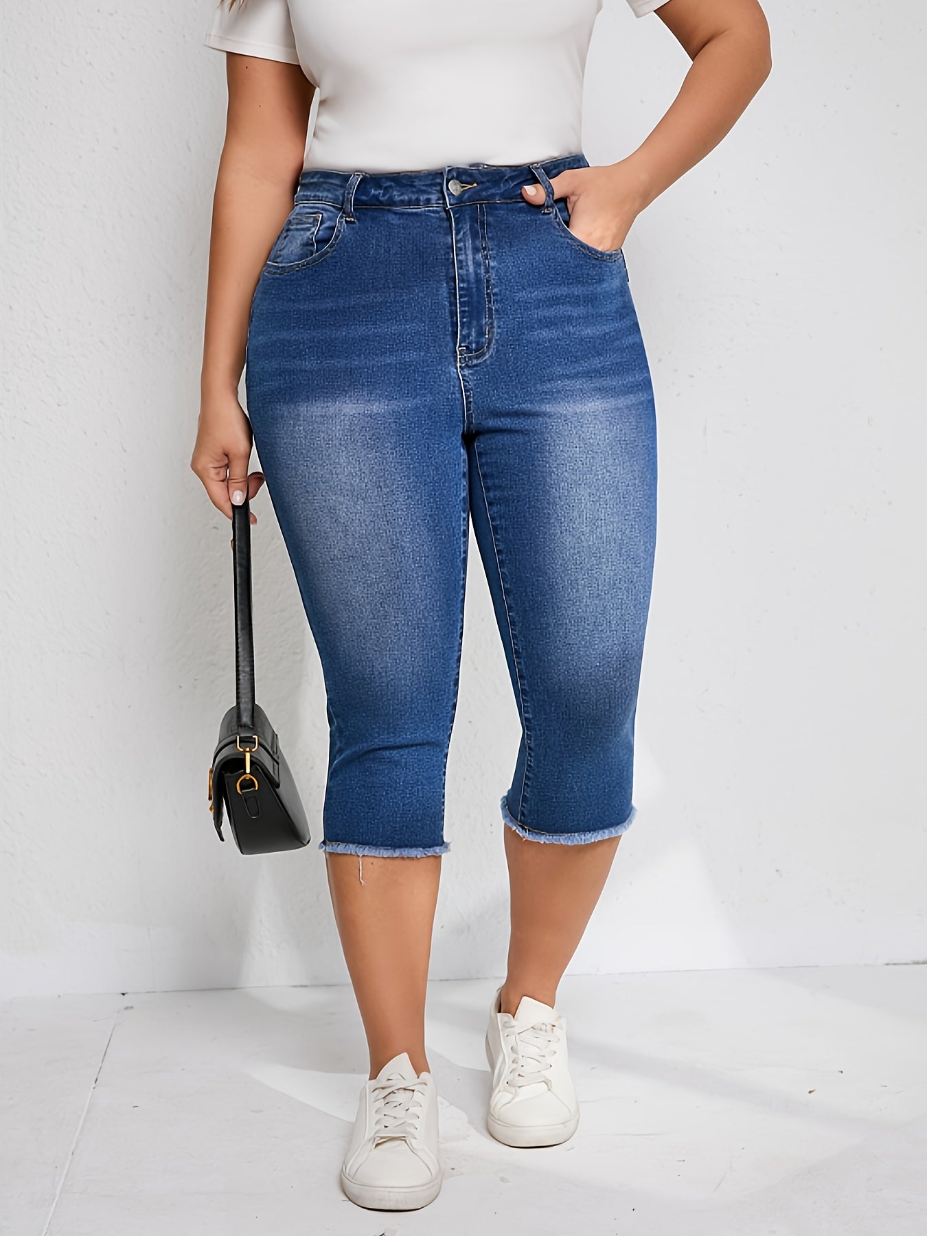 Plus size Women's cropped jeans summer straight raw pants