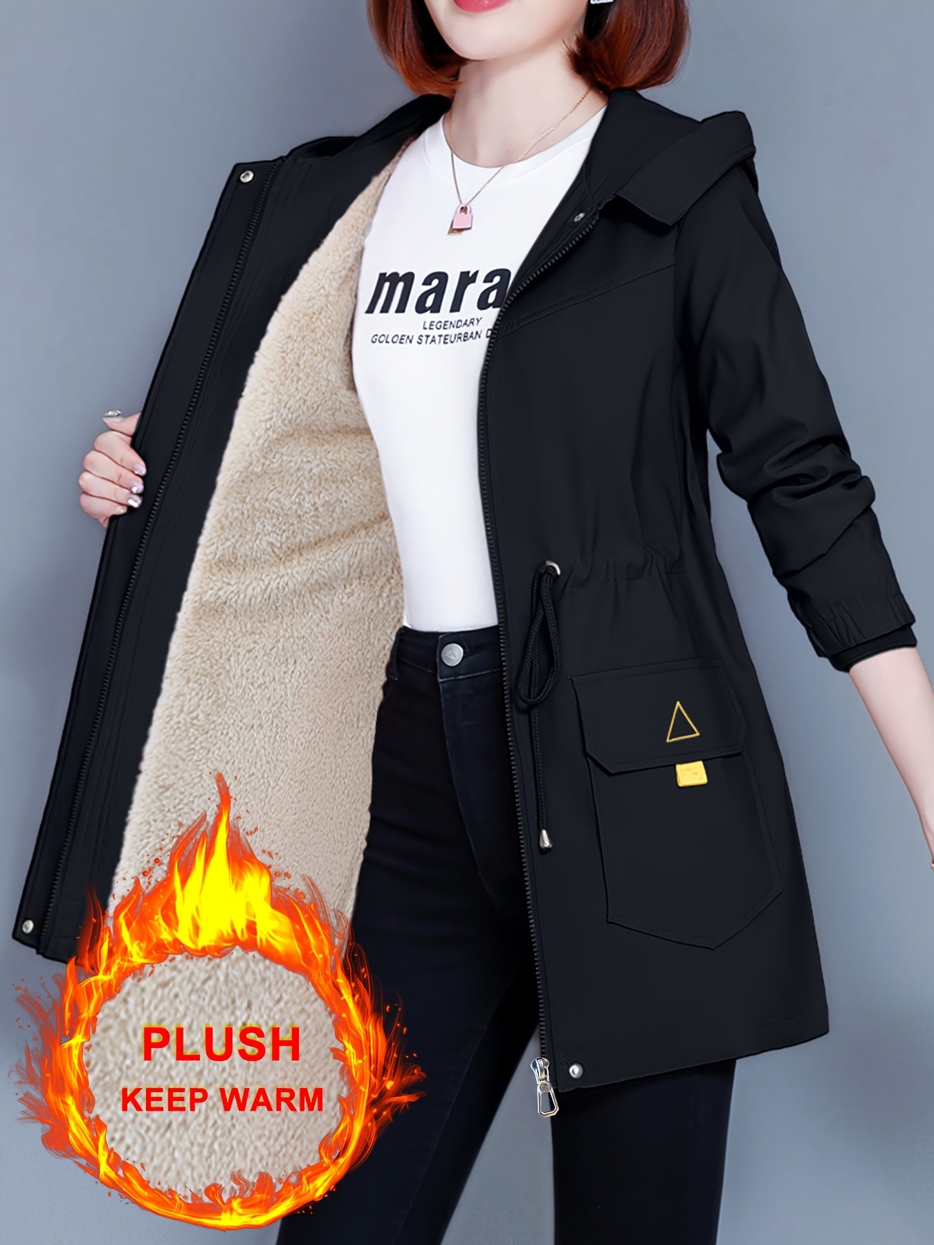 Kesixsty Women's Mid-Length Hooded Windbreaker Jacket with Plush Lining