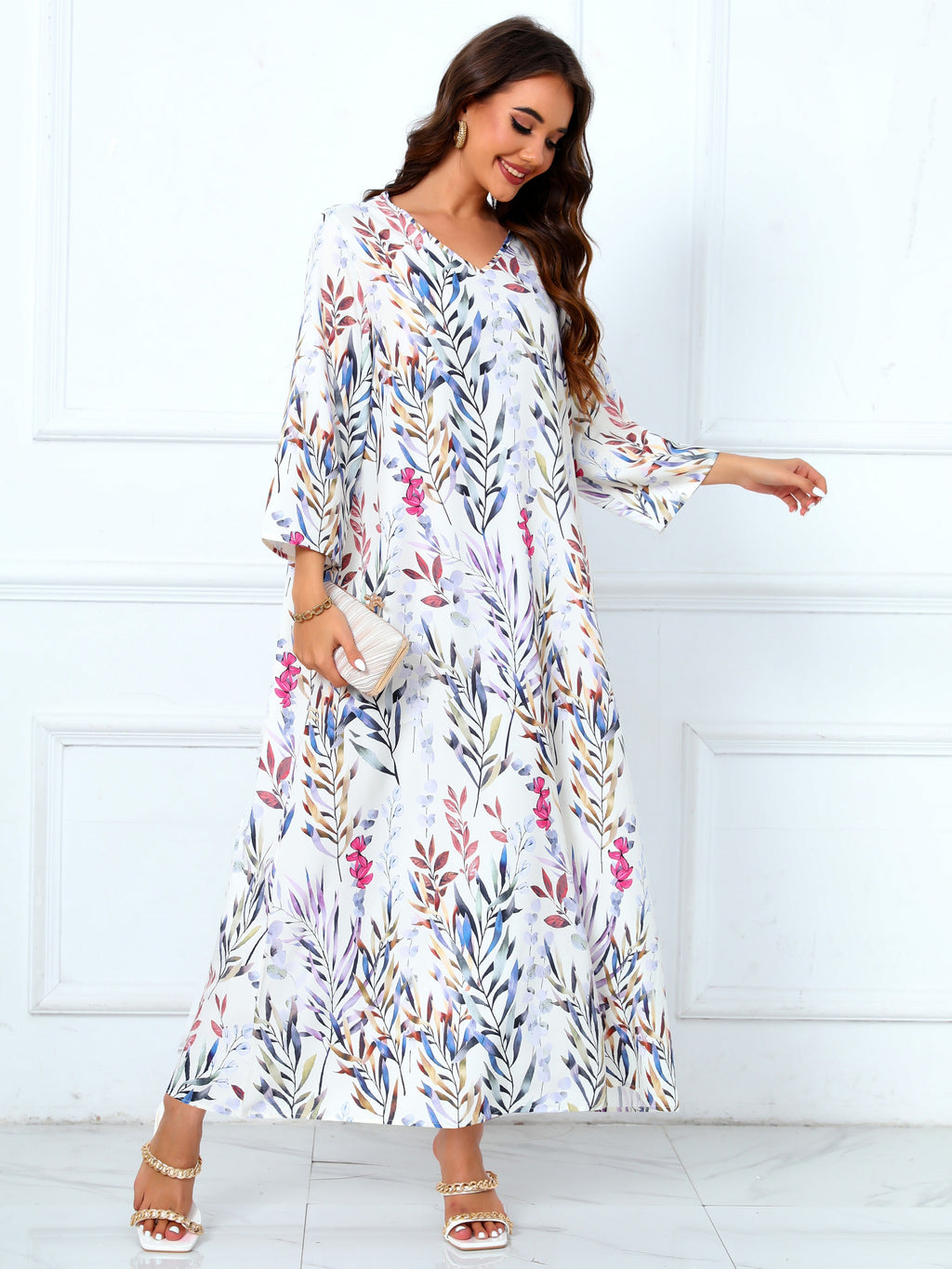 Floral Print V Neck Modest Dress