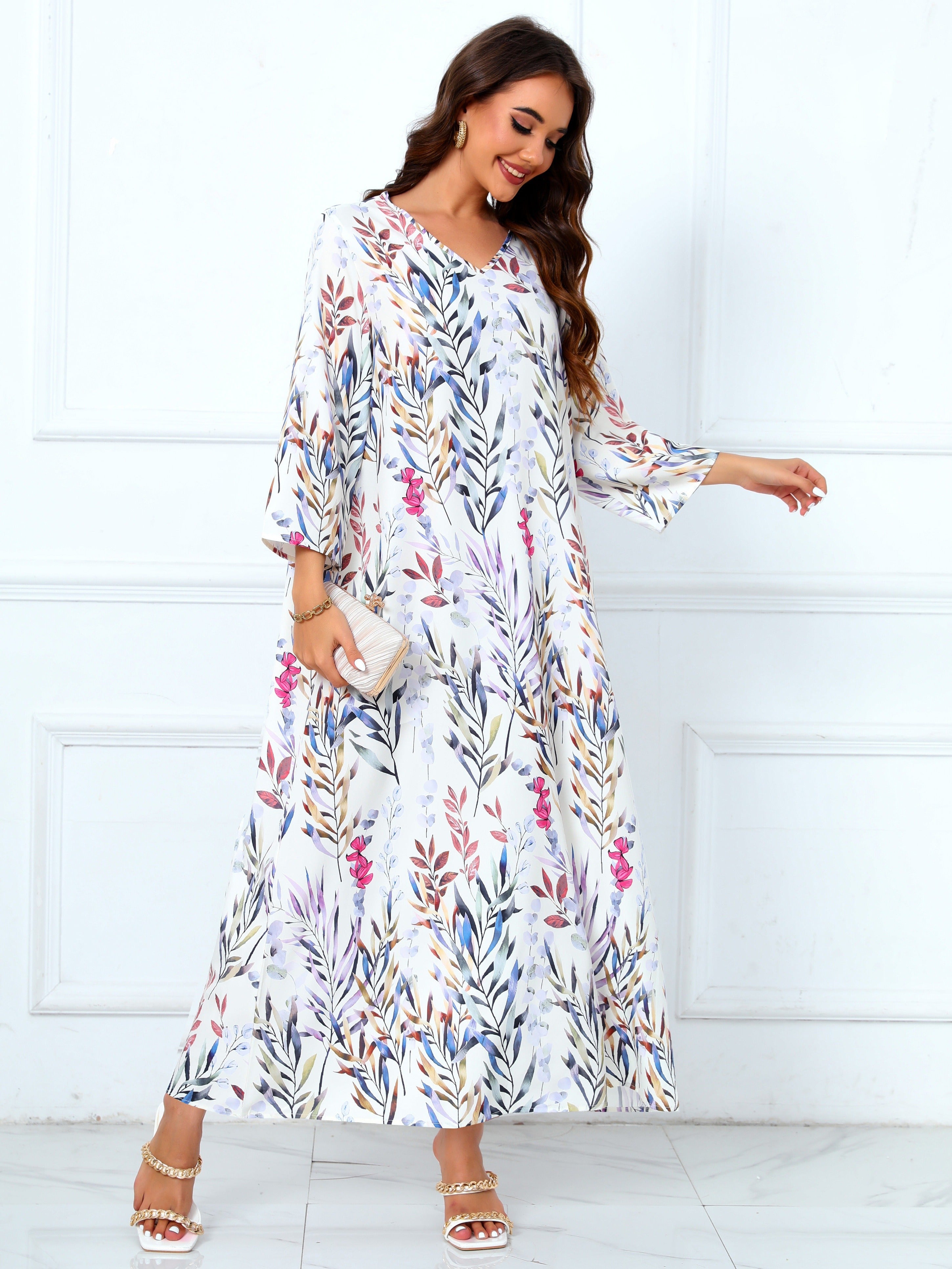 Floral Print V Neck Modest Dress