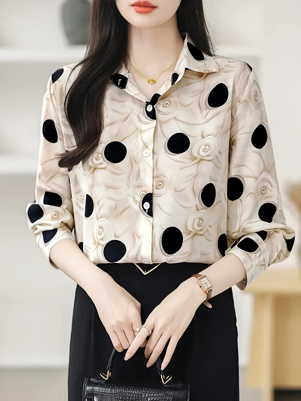 Elegant Polka Dot & Floral Print Long Sleeve Collared Blouse for Women