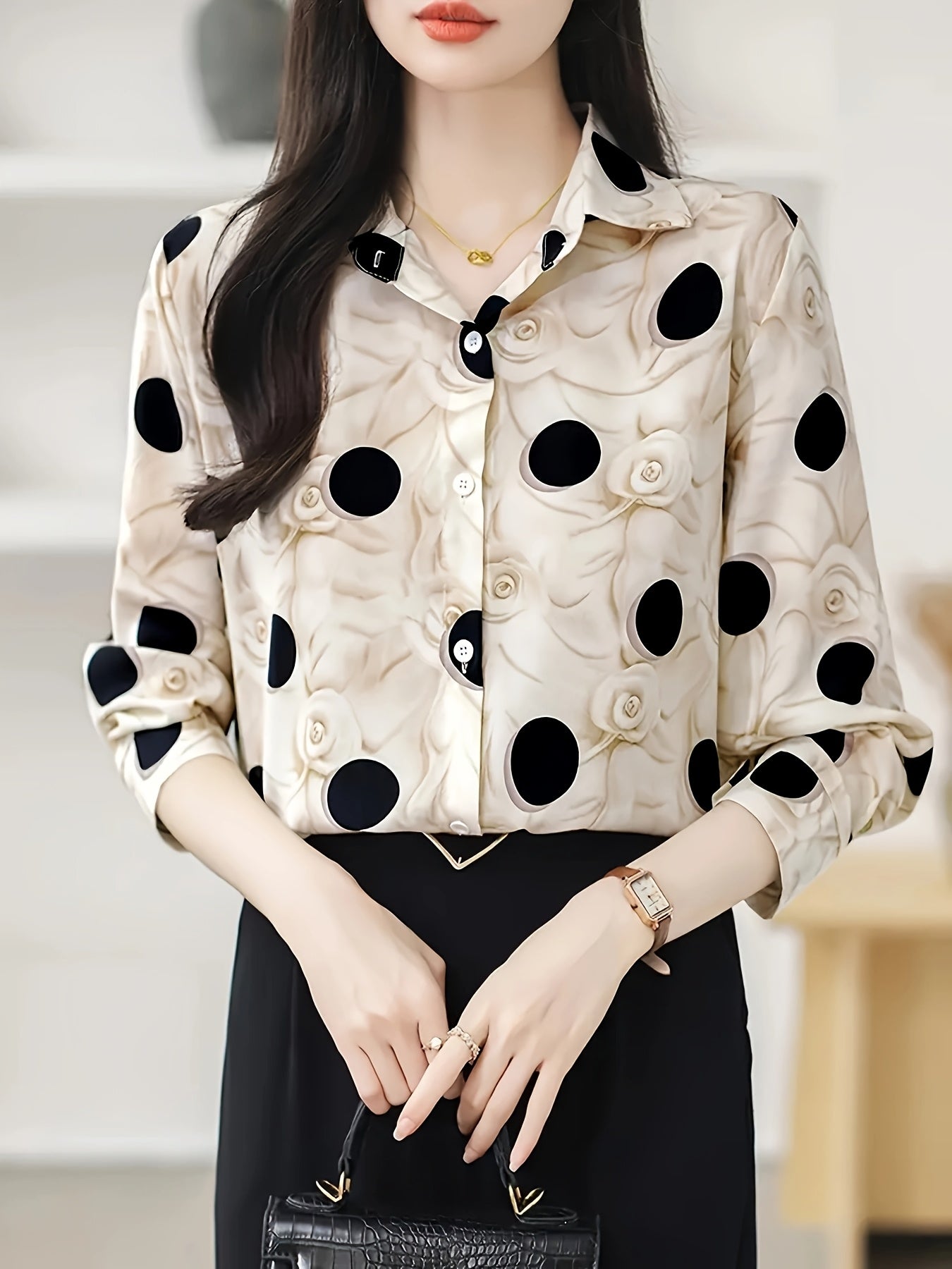 Elegant Polka Dot & Floral Print Long Sleeve Collared Blouse for Women