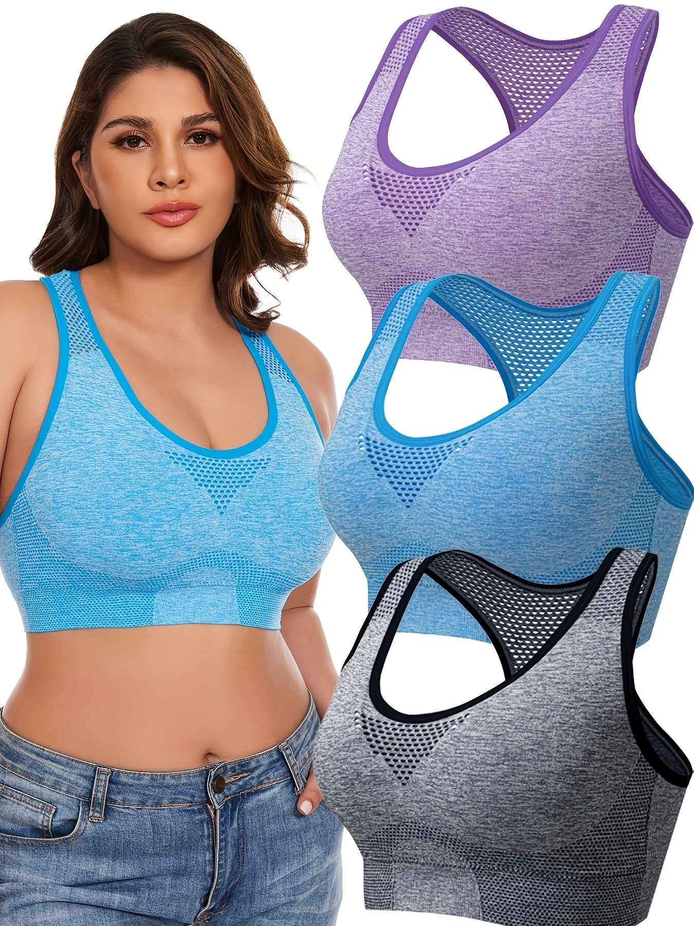 3pcs Plus Size Sports Bras, Polyamide Blend, Hollow Mesh Design, Low Support, Removable Padding, Crew Neck, Medium Stretch, Knit Fabric,