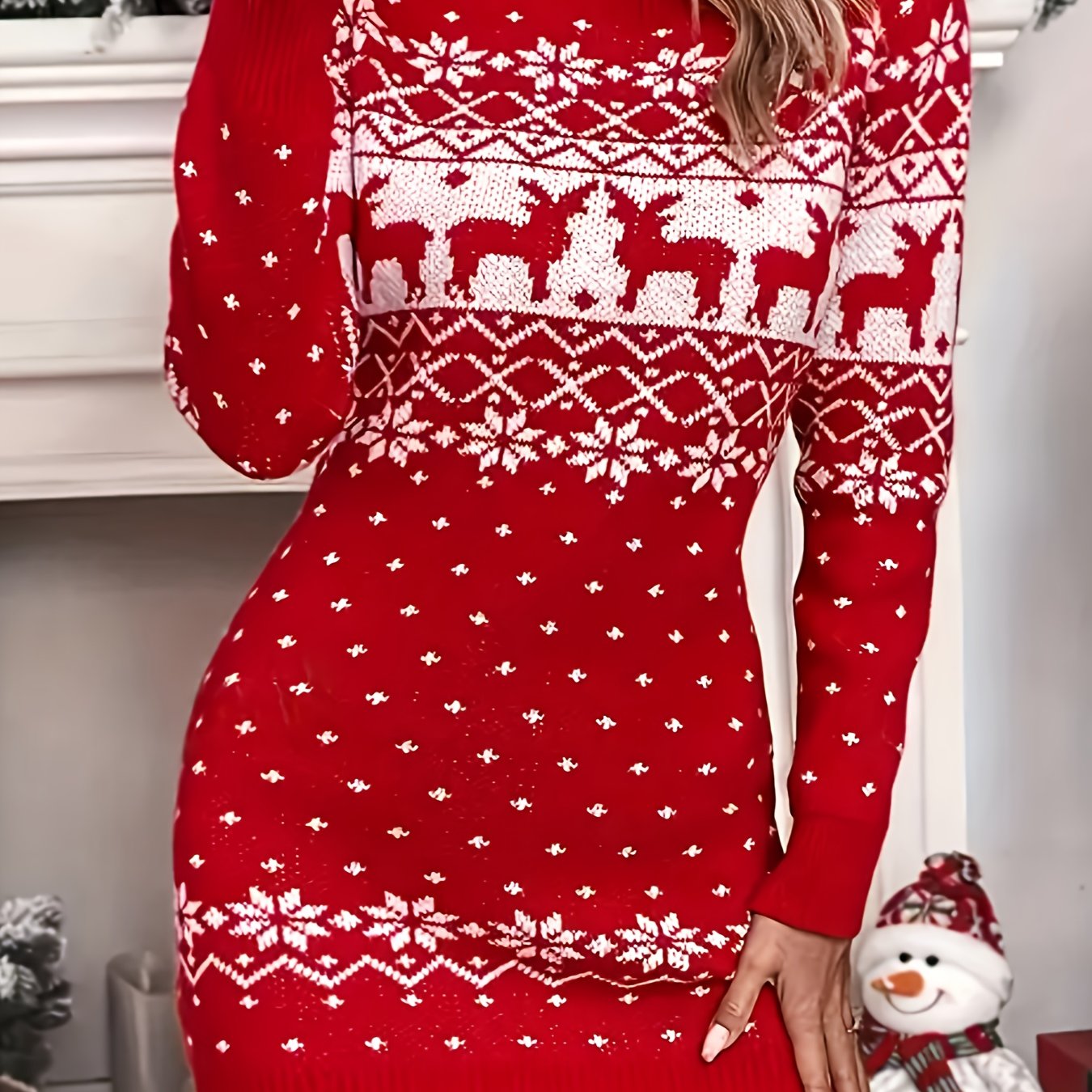 Women'S Christmas Reindeer Print Sweater Dress - Long Sleeve, Round Neck, Ribbed Texture