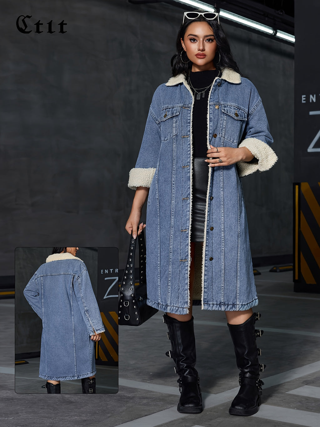 Women's Vintage Washed Denim Coat - Heavy-Duty Winter Collar Single-Breasted Knee-Length Jacket