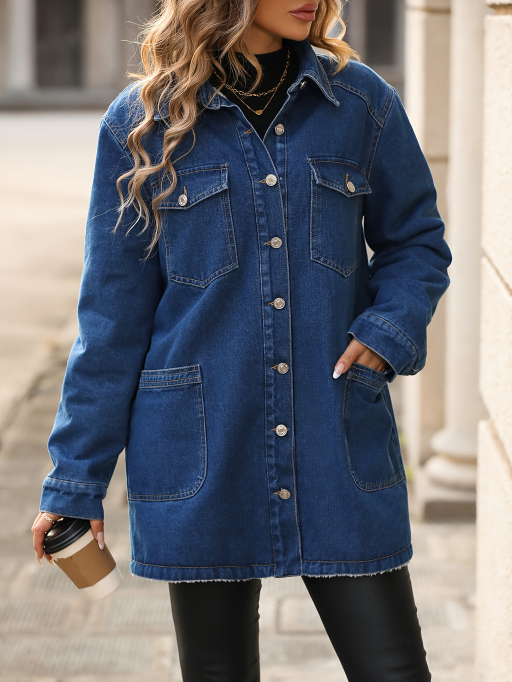 Multi-pocket mid-length denim jacket with extra padding