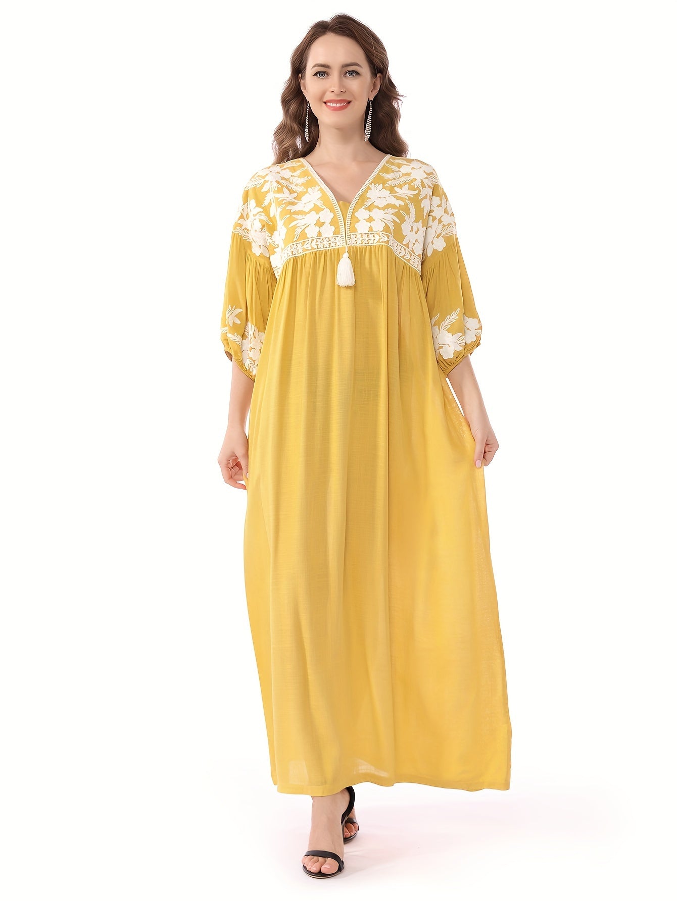 Women's White Floral Embroidery - Loose Fit, V-Neck, Half Sleeve, Non-Stretch Fabric