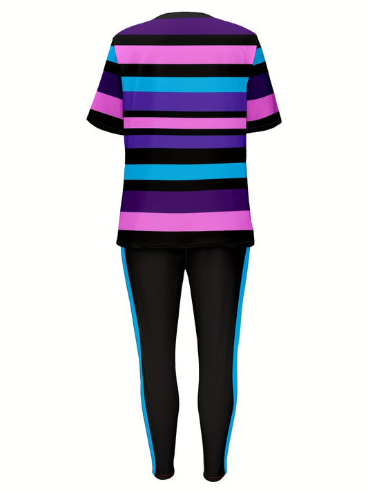 Women's Stylish Multicolor Striped Print Casual Pantsuit with Pockets