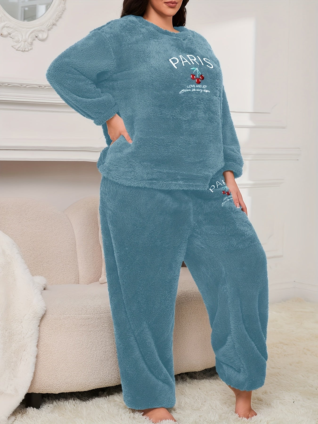 Women's Pajama Set with Letter and Cherry Print, Thickened Warm
