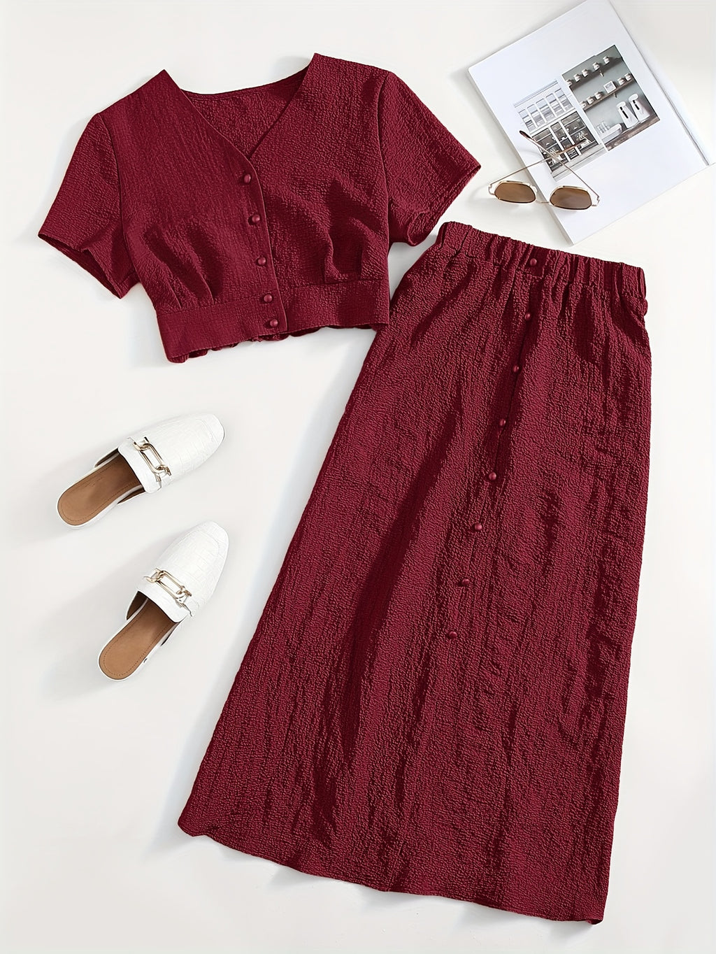 Simple Casual Two-Piece Set with Textured Short Button Front Shirt and Elastic Waist Skirt