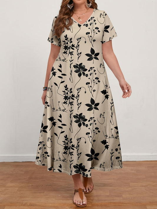 Women's Casual Vintage Floral Print V-Neck Short Sleeve Dress