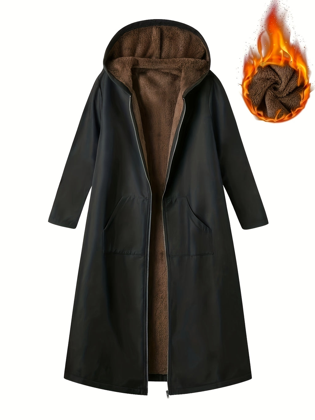 Women's Elegant Plush Fleece-Lined Hooded Long Coat - Winter Warmth Full-Length Outerwear with Full-Zip Closure