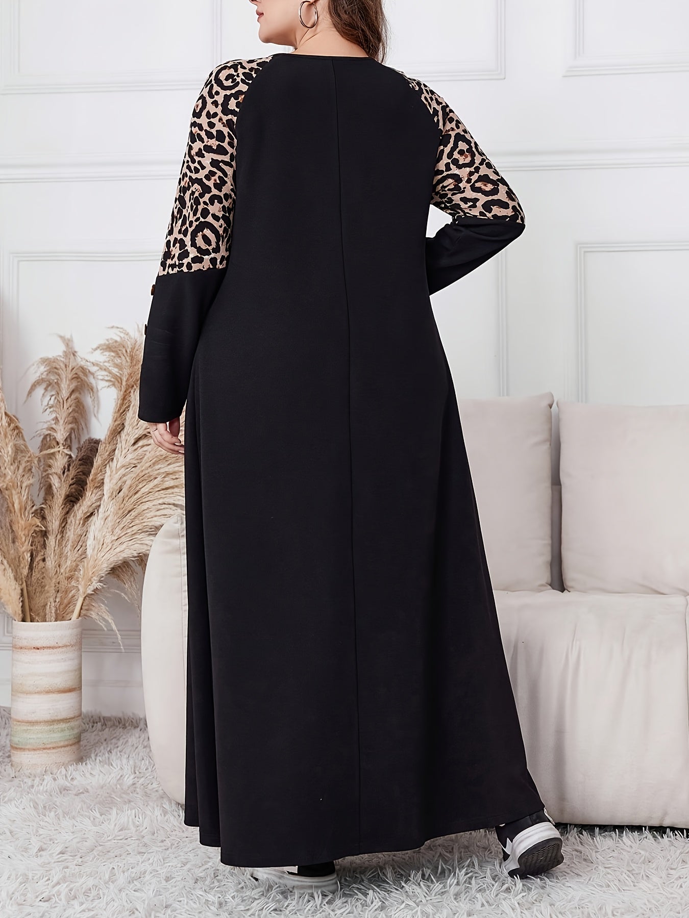 Women's Plus Size Elegant Leopard Print A-Line Maxi Dress with Swing Waist
