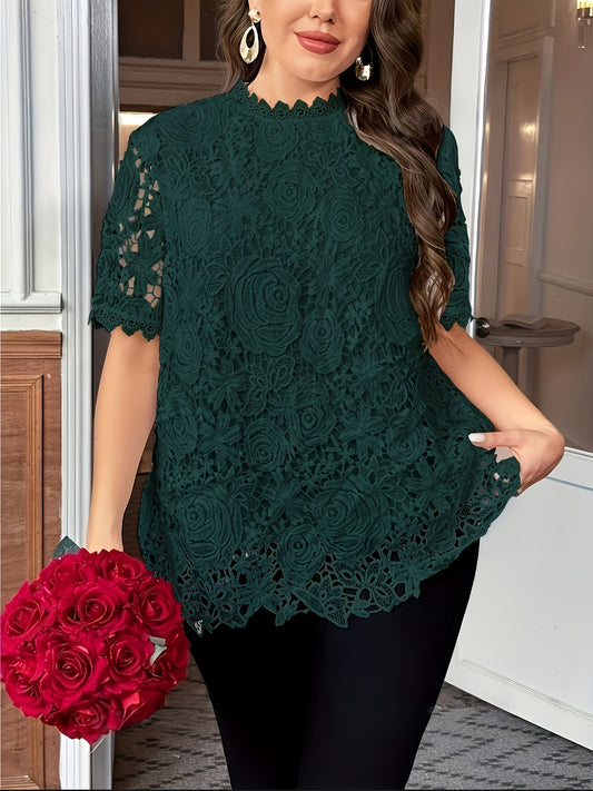 Floral Plus Size Women's Blouse, Crew Neck, Short Sleeve