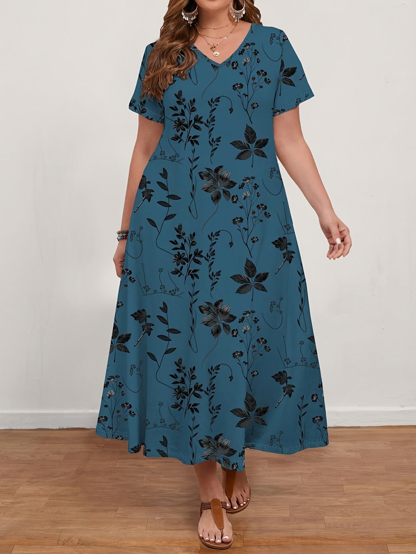 Women's Casual Vintage Floral Print V-Neck Short Sleeve Dress