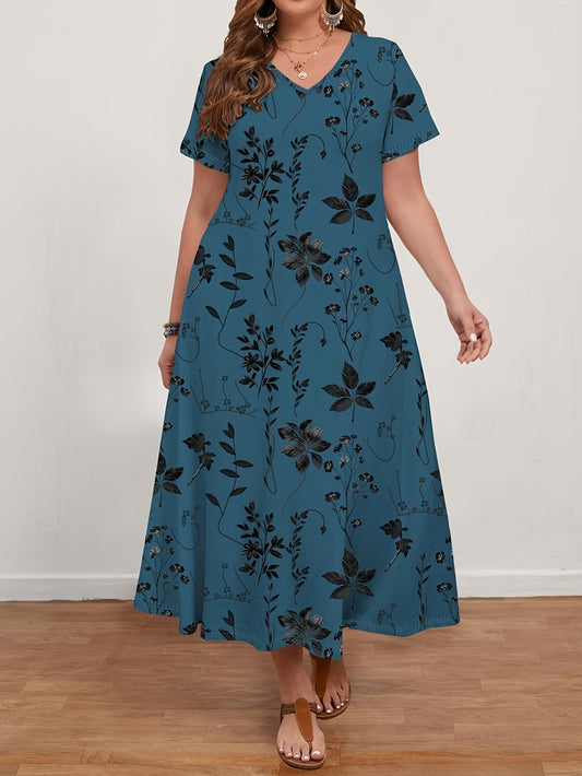 Women's Casual Vintage Floral Print V-Neck Short Sleeve Dress