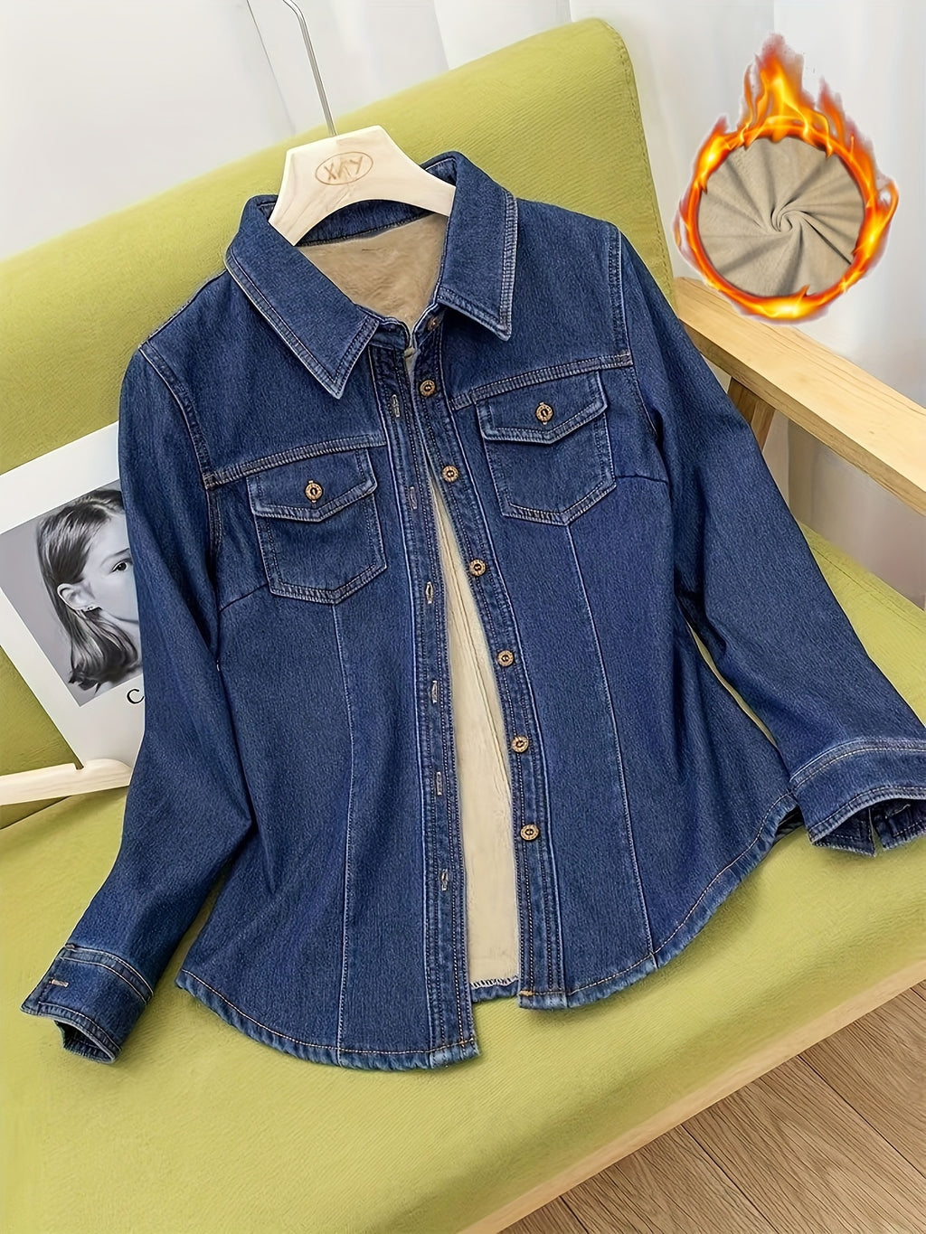 Plain Washed Blue Casual Long Sleeve Plush Lined Denim Shirts Top For Winter, Women's Denim Jeans & Clothing