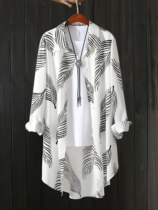 Women's Plus Size Elegant Leaf Print Button-Up Shirt with Asymmetrical Hem