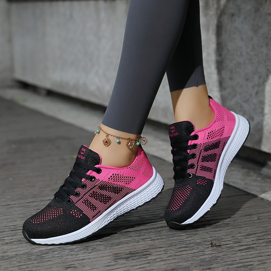 Women's Breathable Mesh Sneakers - Black & Pink Color-Block Design, Comfortable EVA Sole, Lace-Up Low-Top Casual Shoes for All-Season