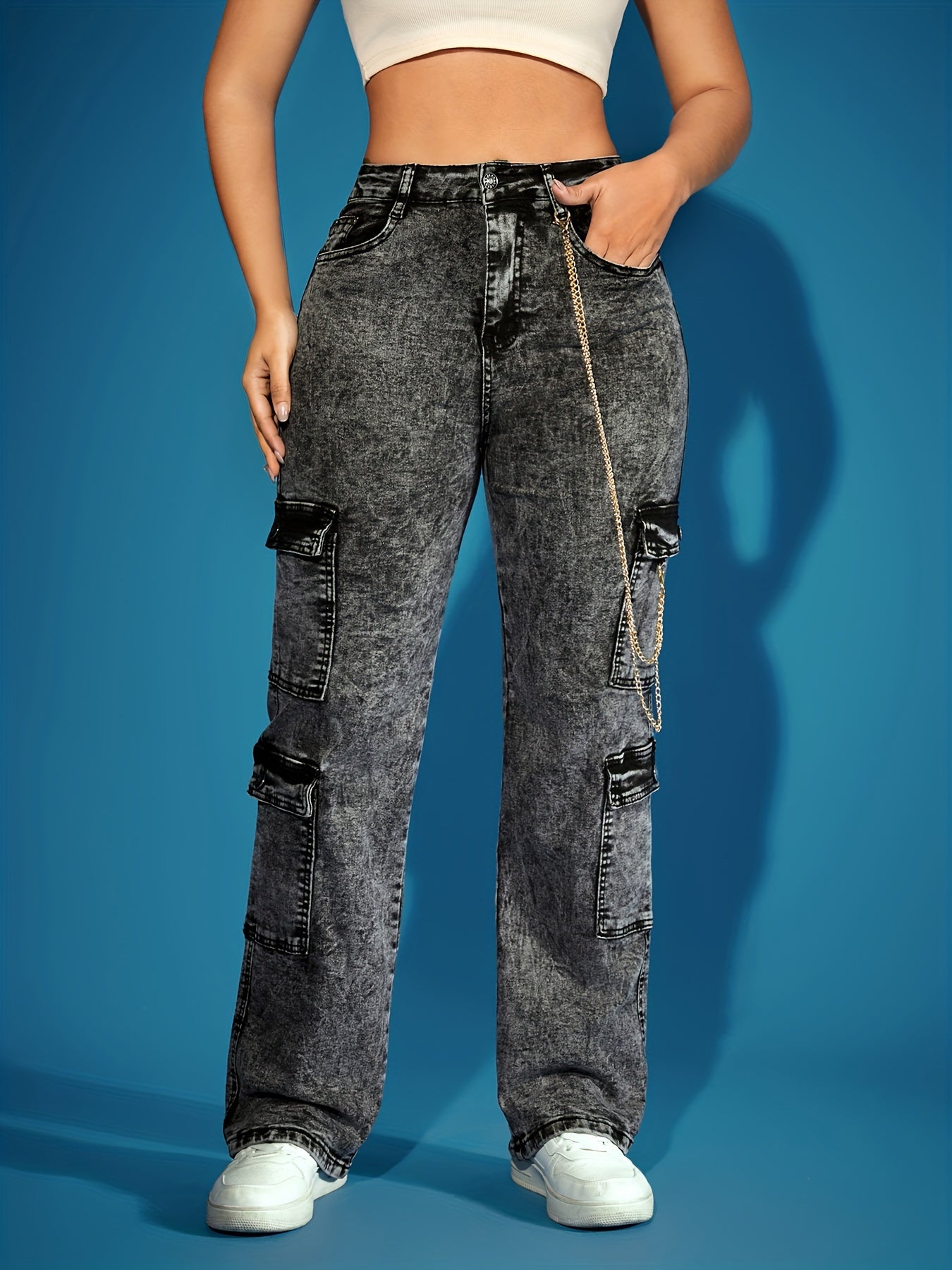 High-Waist Stretch Denim Cargo Pants for Women