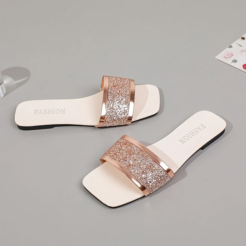 Women's Slip-On Flat Sandals with Golden-Rimmed Embossed Design