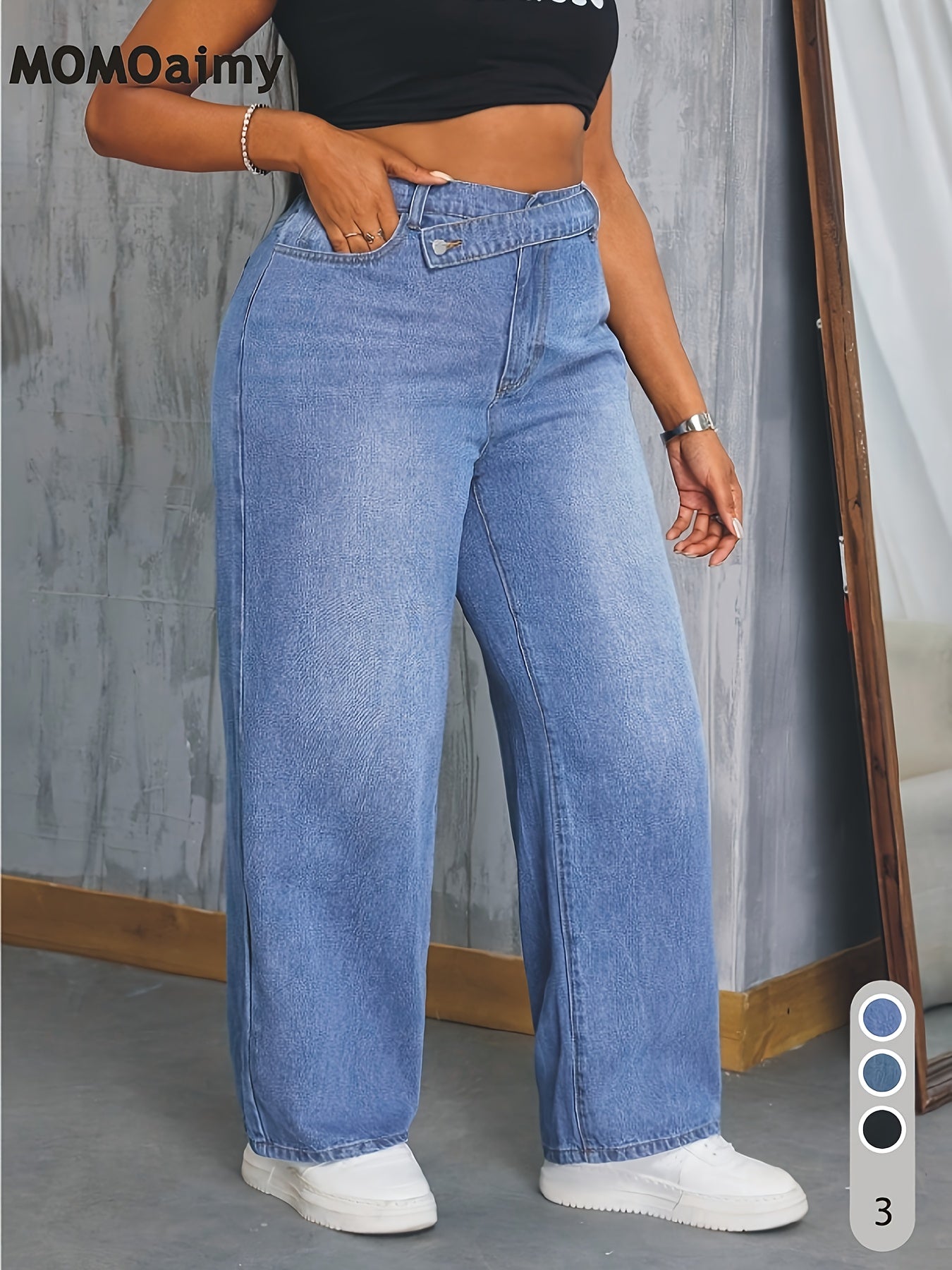 Plus Size & Oversized Jeans Pants - Wide-Leg H-Line Trousers with Beltless Waist