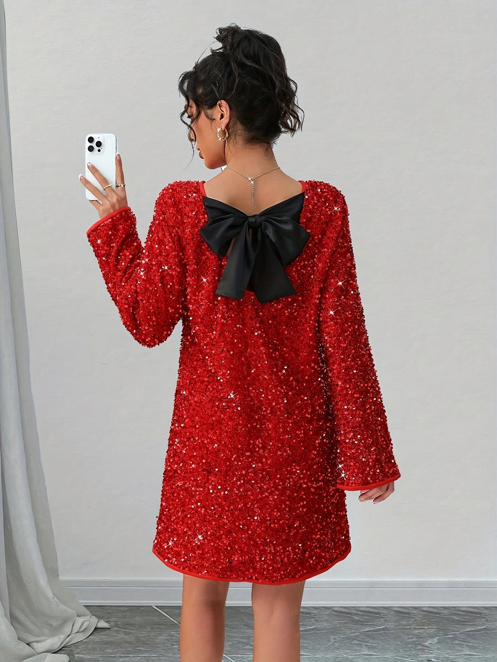 Plus Size Women's Elegant Sequined Bow-Knot Christmas Party Dress New Year and Parties