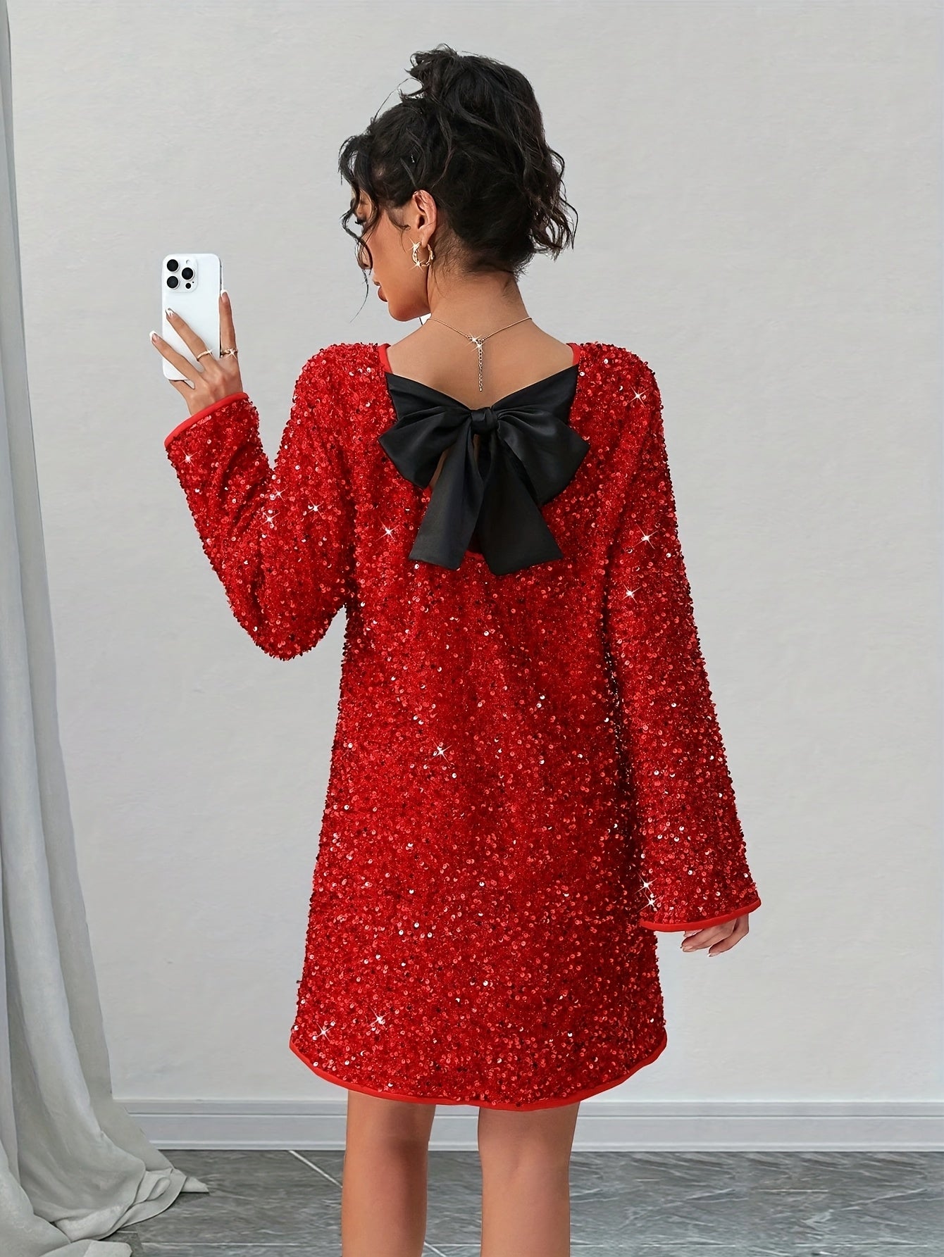 Plus Size Women's Elegant Sequined Bow-Knot Christmas Party Dress New Year and Parties