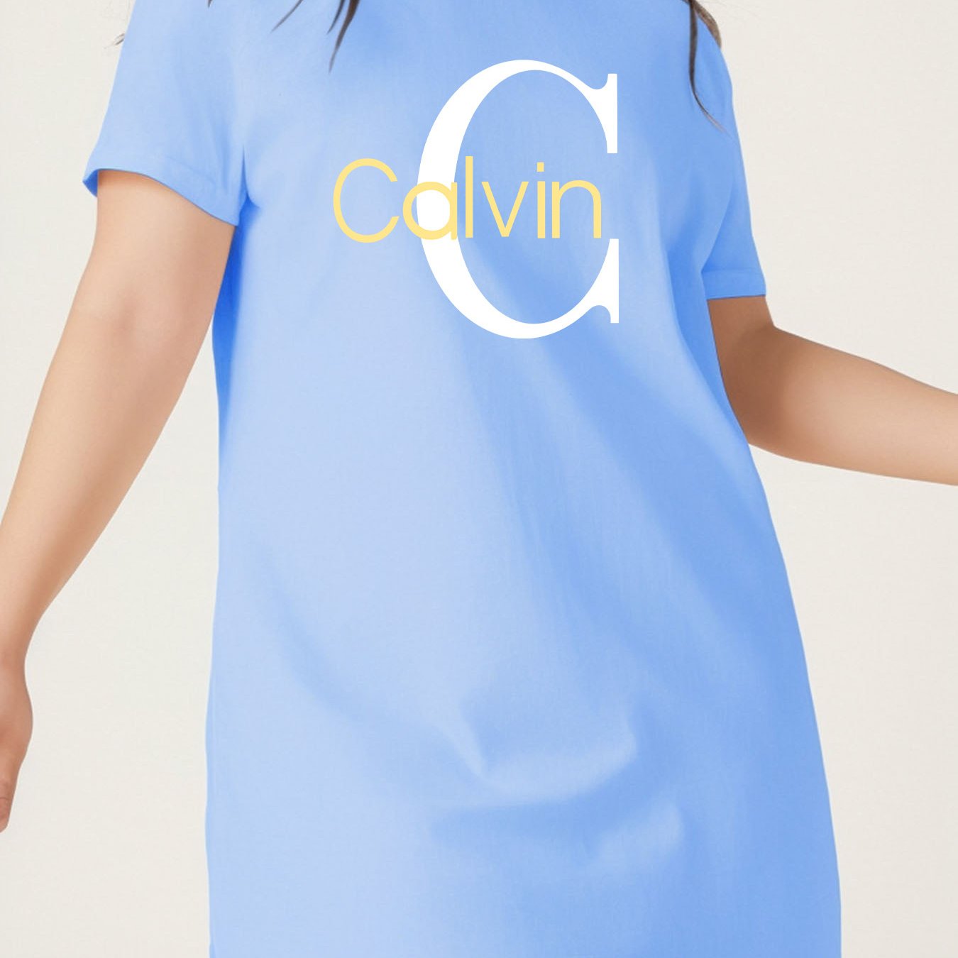 Calvin Women's Stretchy Breathable Polyester T-Shirt Dress - Slim Fit Knee-Length Round Neck Casual Summer Dress with Bold Yellow Lettering, Machine Washable Spring/Summer Outfit