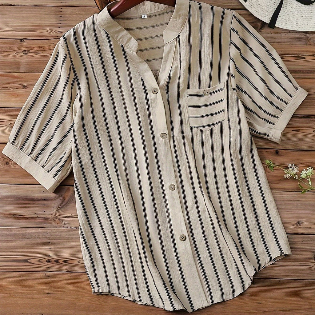 Women's Casual Business V-Neck Button-Up Shirt - Short Sleeve Striped Blouse with Chest Pocket