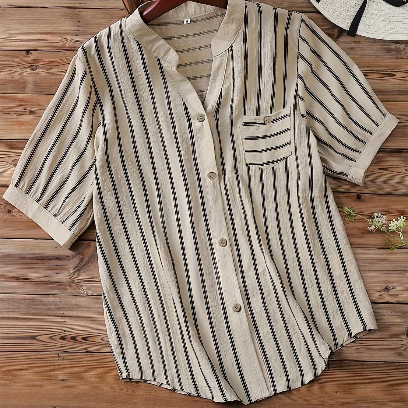 Women's Casual Business V-Neck Button-Up Shirt - Short Sleeve Striped Blouse with Chest Pocket