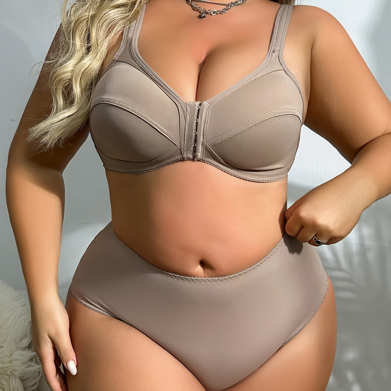 Plus Size Solid Color Non-Wired Front Opening Bra and Panty Set-2025#Set