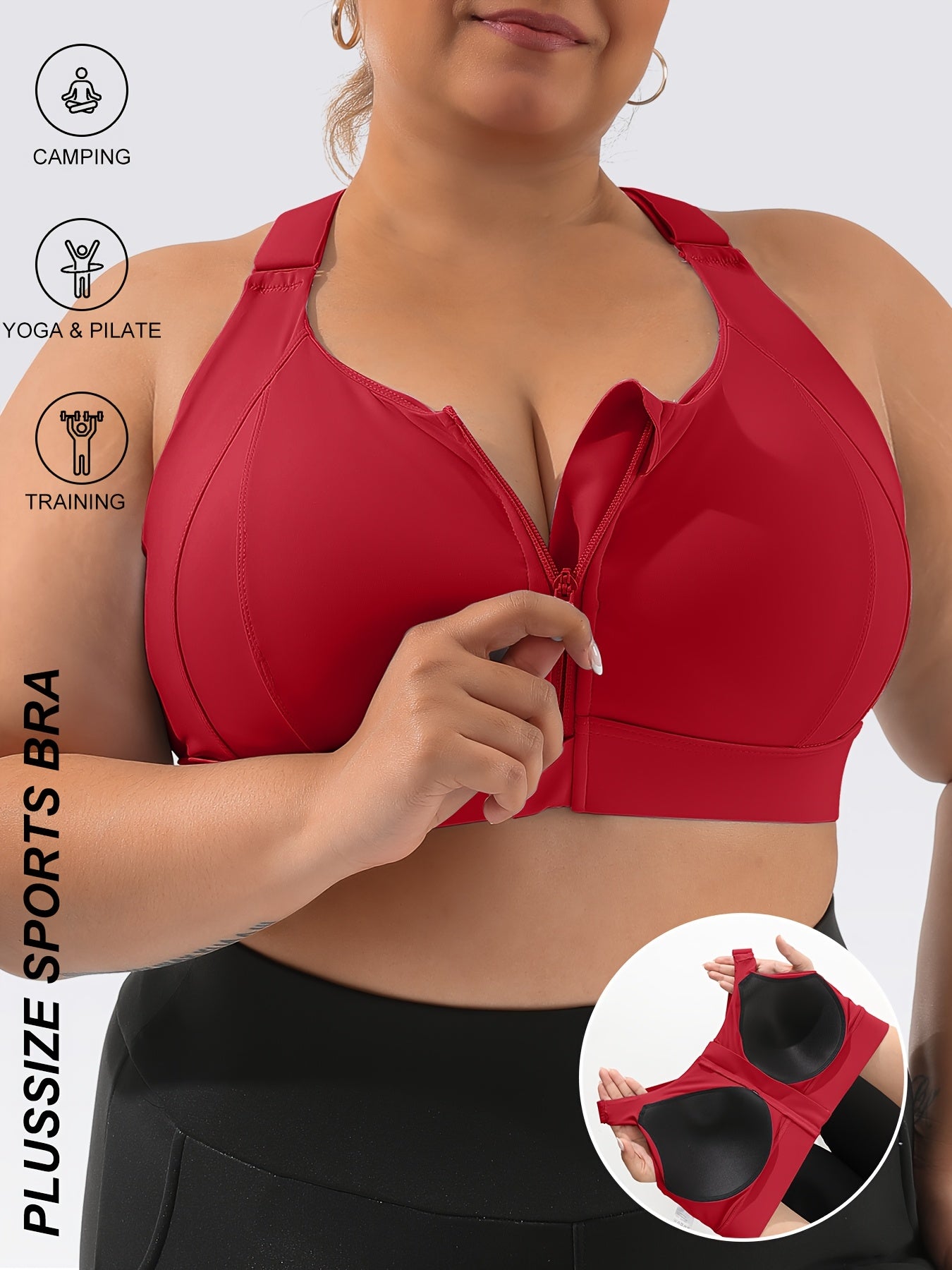 Plus Size Sports Bra with Front Zipper - High Impact, High Support, Adjustable Straps for Yoga
